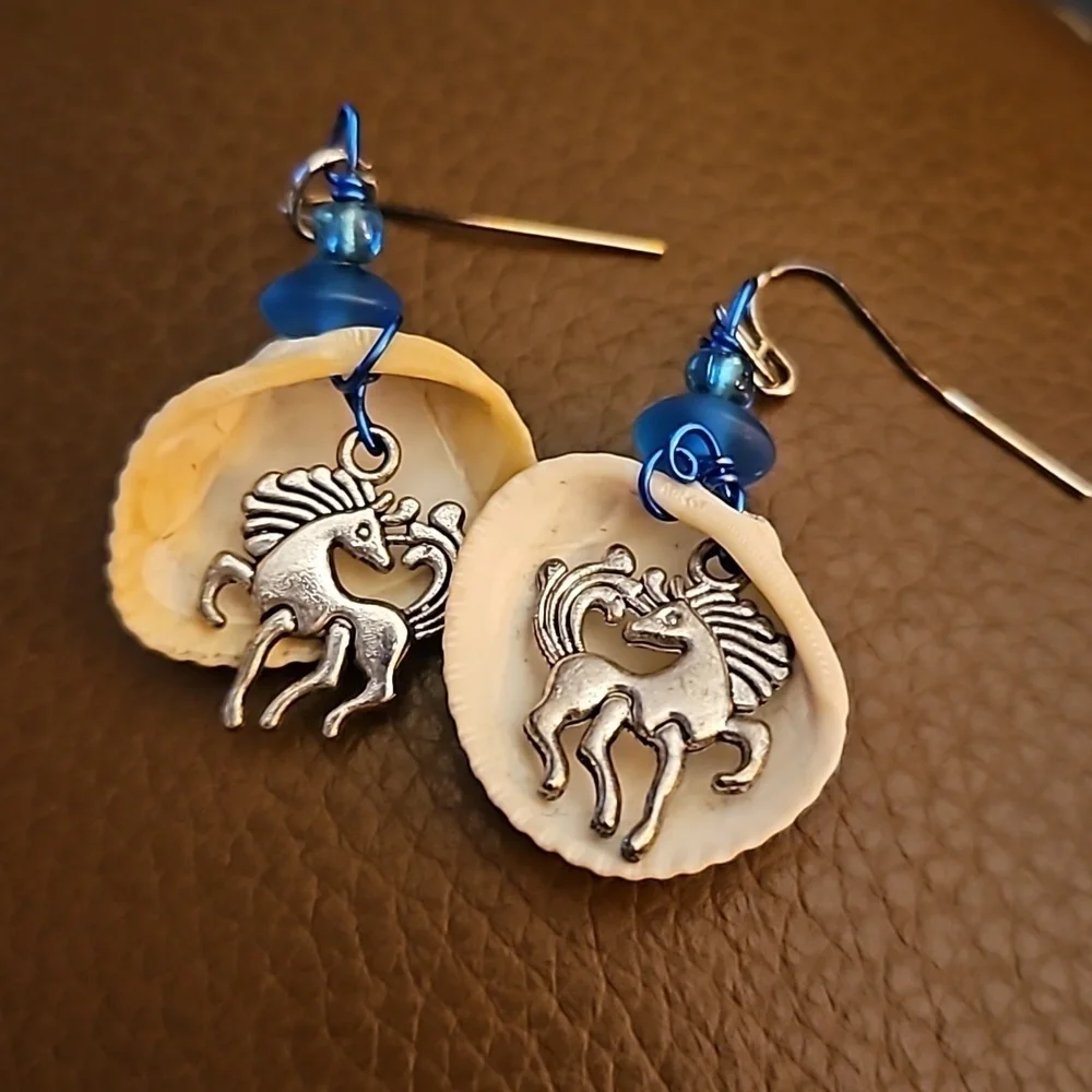 3/$30 HANDMADE Unicorn Seashell Mermaidcore Festival Dangle Hook Earrings - Picture 2 of 4
